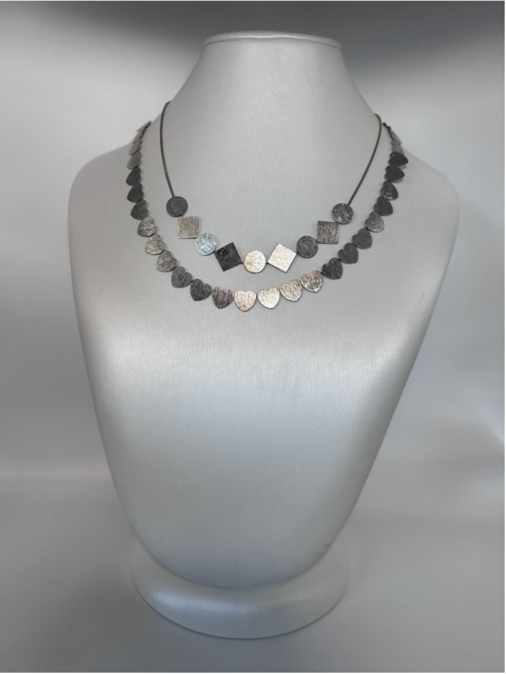 Necklace Silver Tone Layered Heart Circle Square Station Lobster Clasp 18 In